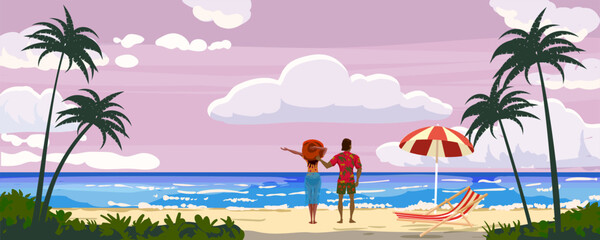 Obraz na płótnie Canvas Ocean day view on the sand beach, couple in love, palms, , seashore, horizon