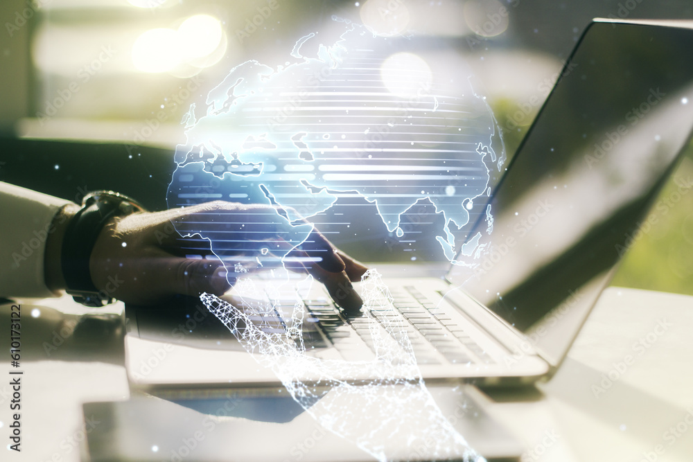 Leinwandbilder Multi exposure of abstract creative digital world map and hands typing on computer keyboard on background, tourism and traveling concept