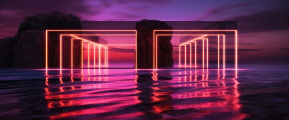 Neon lights on the cliff at night, in the style of futuristic geometric abstraction, mirror rooms, minimalist backgrounds. Generative AI