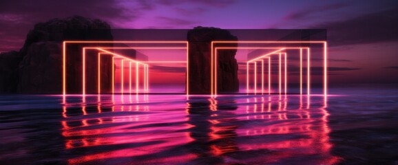 Fototapeta premium Neon lights on the cliff at night, in the style of futuristic geometric abstraction, mirror rooms, minimalist backgrounds. Generative AI