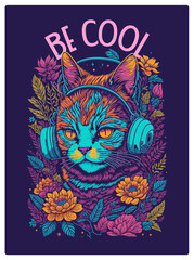 Be Cool t shirt design, vibrant neon colors with a retro style, suitable for printing on t-shirts, prints, posters