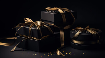 Black gift box with gold ribbon on black background