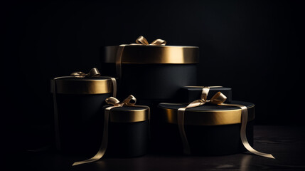 Black gift box with gold ribbon on black background