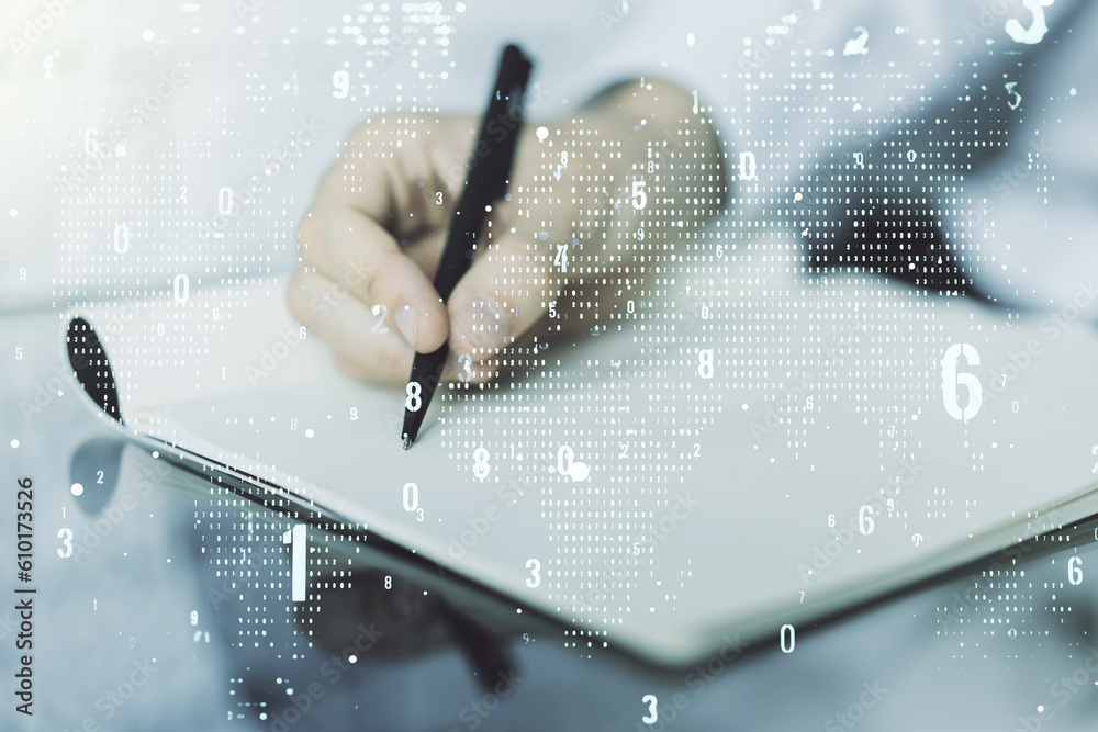 Poster Abstract creative coding illustration with world map and man hand writing in diary on background, international software development concept. Multiexposure