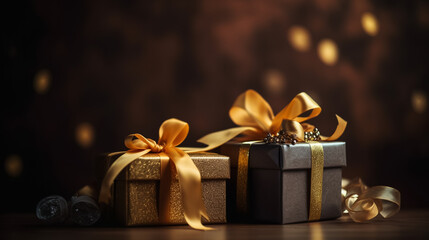 gift boxes tied with ribbons on a golden background, copy space