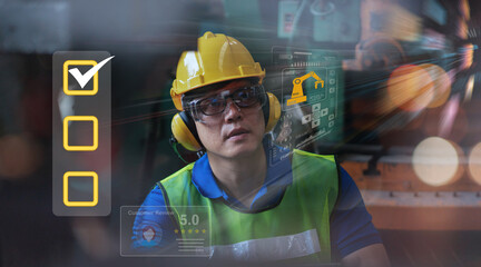 Technology 5.0 Industrial Safety Assurance.Professional female engineer worker skills quality, maintenance, training industry factory worker , warehouse Workshop for factory operators.