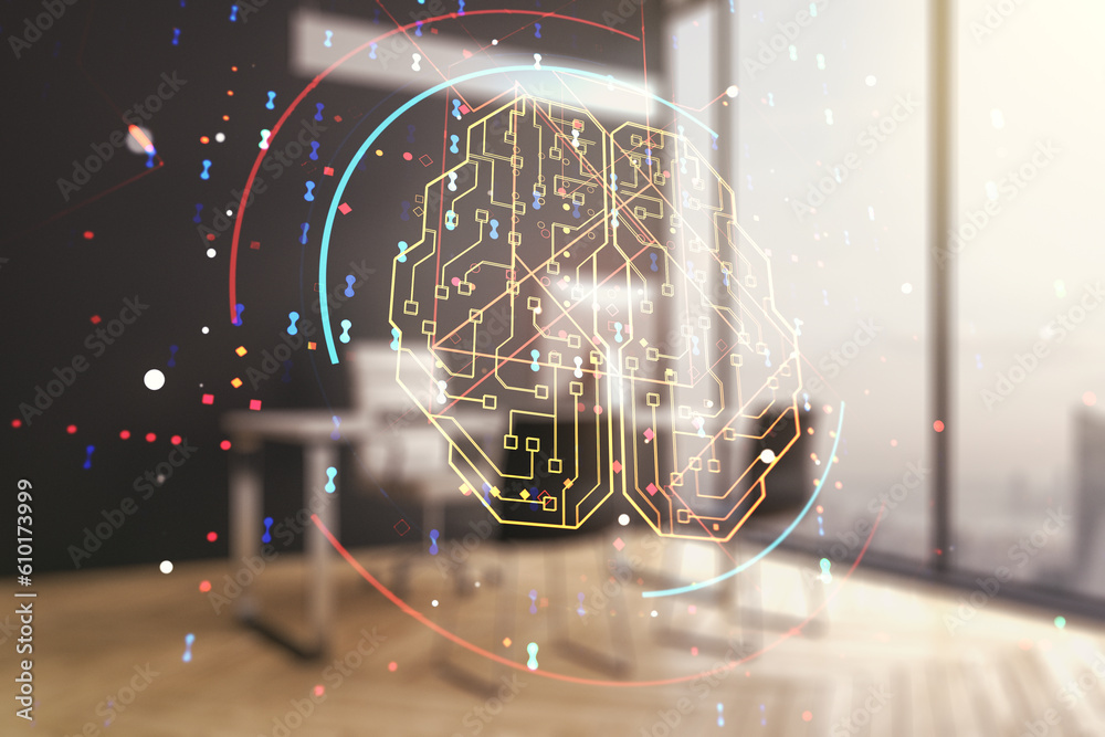Poster double exposure of creative artificial intelligence symbol and modern desktop with laptop on backgro