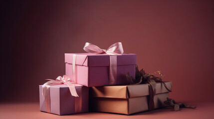 gift boxes tied with ribbons on a Pink background, copy space