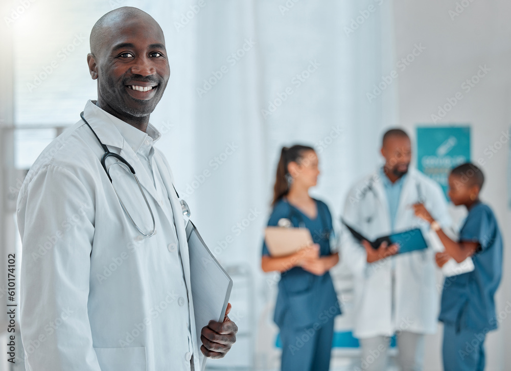 Canvas Prints Hospital, doctor and portrait of black man with smile for medical care, wellness and support. Healthcare, clinic teamwork and face of happy male health worker for service, consulting and insurance