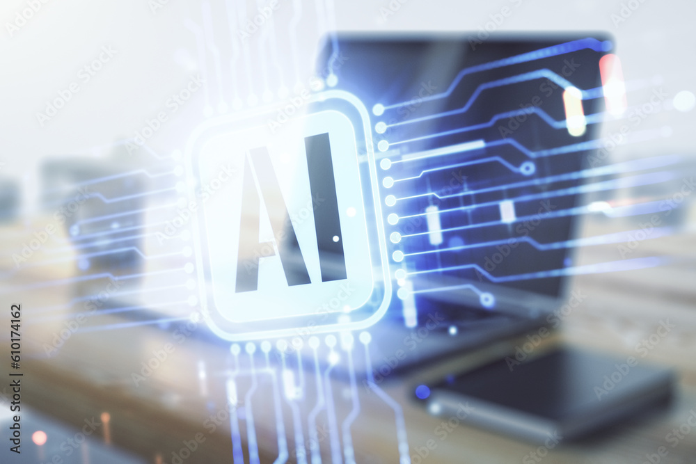 Poster double exposure of creative artificial intelligence icon and modern desktop with laptop on backgroun