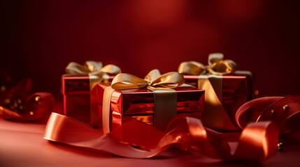 gift boxes tied with ribbons on a Red background, copy space