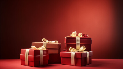 Obraz premium gift boxes tied with ribbons on a Red background, copy space