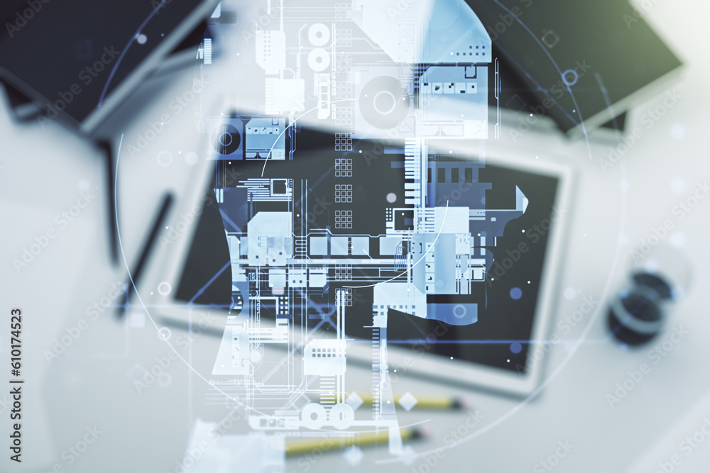 Poster double exposure of creative artificial intelligence symbol and digital tablet on background, top vie