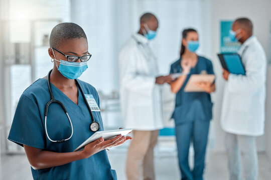 Healthcare, Doctor And Black Woman On Tablet With Face Mask For Research, Medical Report And Results. Hospital, Clinic And Female Worker On Digital Tech For Online Service, Consulting App Or Internet