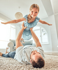 Portrait, dad and child in home for flying game, bonding and playful girl in living room for happy...