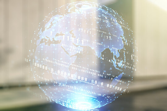 Multi exposure of abstract programming language hologram and world map on contemporary business center exterior background, artificial intelligence and neural networks concept