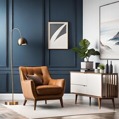 Creative composition of cozy living room interior design with mock up poster frame, fluffy armchair, folding screen, coffee table, commode and personal accessories. Modern style. generative Ai