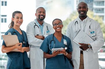 Hospital, teamwork and portrait of doctors with tablet and report for medical care, wellness and support. Healthcare, clinic and men and women workers for cardiology service, consulting or insurance