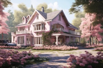 Fototapeta na wymiar Charming country house, harmoniously blending into a dreamy wooded landscape with pastel colors. Generative AI
