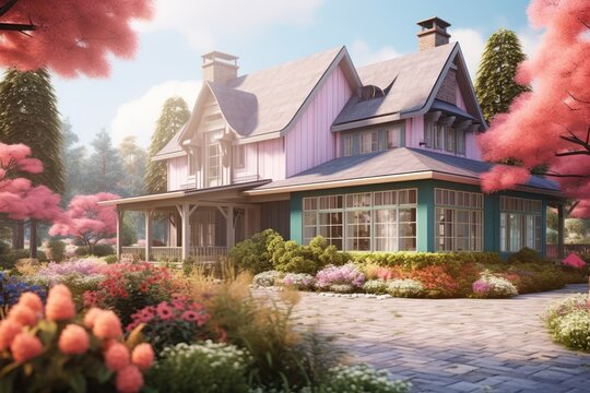 Charming country house, harmoniously blending into a dreamy wooded landscape with pastel colors. Generative AI