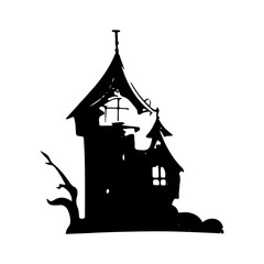 haunted tree house silhouette horror scary creepy hand drawn illustration line art
