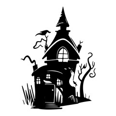haunted tree house silhouette horror scary creepy hand drawn illustration line art
