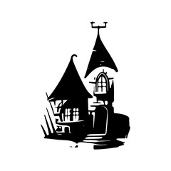 haunted tree house silhouette horror scary creepy hand drawn illustration line art
