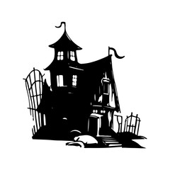 haunted tree house silhouette horror scary creepy hand drawn illustration line art

