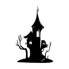 haunted tree house silhouette horror scary creepy hand drawn illustration line art

