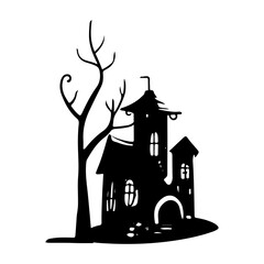 haunted tree house silhouette horror scary creepy hand drawn illustration line art

