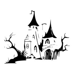 haunted tree house silhouette horror scary creepy hand drawn illustration line art

