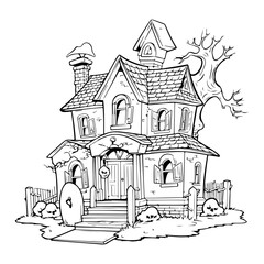 haunted tree house silhouette horror scary creepy hand drawn illustration line art

