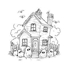Fototapeta premium haunted tree house silhouette horror scary creepy hand drawn illustration line art