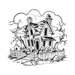 haunted tree house silhouette horror scary creepy hand drawn illustration line art

