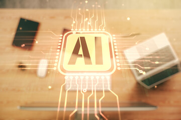 Creative artificial Intelligence symbol concept with modern laptop on background. Multiexposure