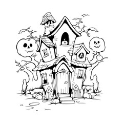 haunted tree house silhouette horror scary creepy hand drawn illustration line art

