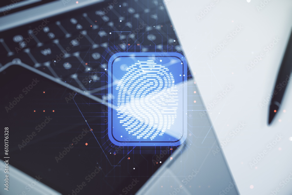 Aufkleber Multi exposure of abstract graphic fingerprint sketch on modern computer background, fingerprint scan data concept