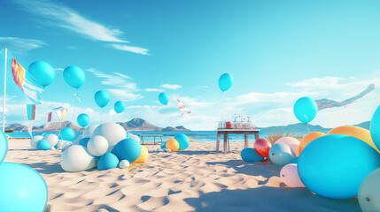 photo beach panorama background with balloon ai generative