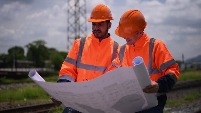 Engineer railway holding blueprint under checking construction process train testing and checking railway work on railroad with radio communication wearing safety uniform and safety helmet in work.
