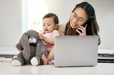 Phone call, remote work and happy woman with baby, laptop, freelancer with online project on maternity leave. Working from home office, mother and child with cellphone and computer at virtual job
