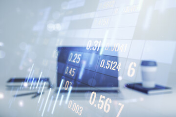 Abstract creative financial graph on modern laptop background, financial and trading concept. Multiexposure