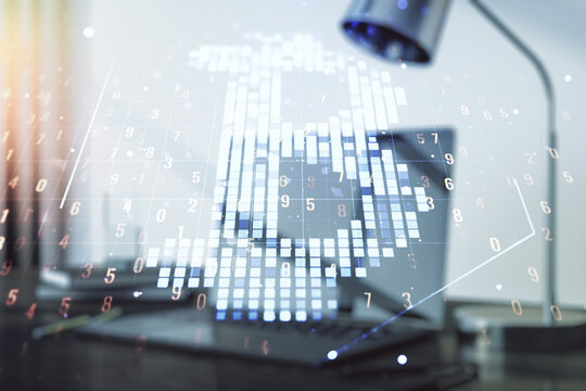 Double exposure of creative Bitcoin symbol with modern laptop on background. Cryptocurrency concept - Powered by Adobe