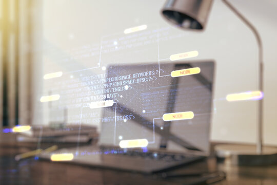 Abstract creative coding concept on modern laptop background. Multiexposure