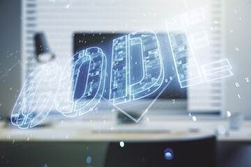 Creative Code word sign on modern computer background, international software development concept. Multiexposure