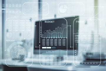 Multi exposure of abstract graphic data spreadsheet sketch on modern computer background, analytics and analysis concept