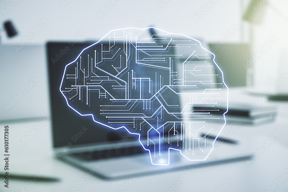 Poster double exposure of creative human brain microcircuit with computer on background. future technology 