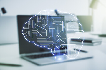 Double exposure of creative human brain microcircuit with computer on background. Future technology and AI concept