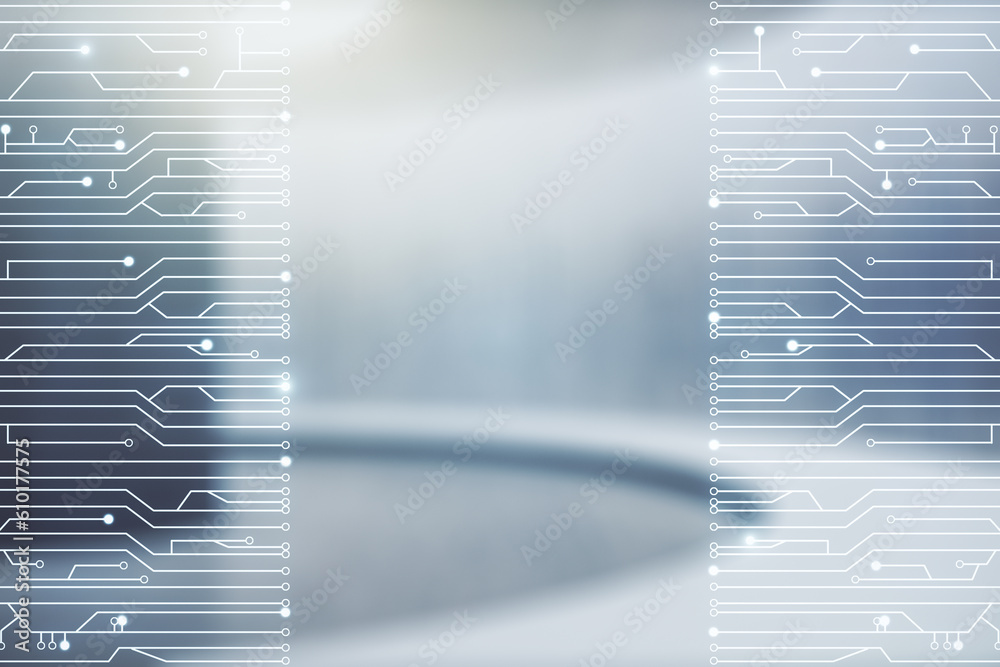 Poster abstract virtual micro chip hologram on empty classroom background, artificial intelligence and mach