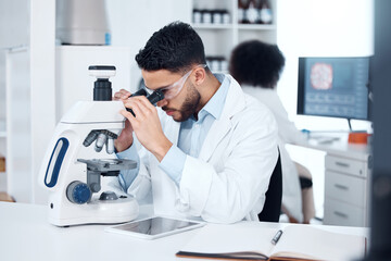 Naklejka na ściany i meble Science, microscope and male scientist analyzing with biotechnology in a medical laboratory. Particles, pharmaceutical and man researcher working on scientific project for healthcare innovation.