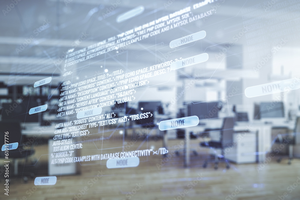 Poster multi exposure of abstract graphic coding sketch on a modern furnished classroom background, big dat